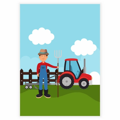en bondemand med hans røde traktor som Børneplakat