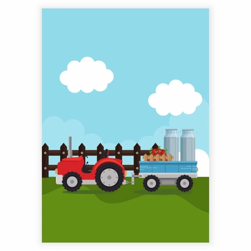 Traktor med mælkespand og frugt på vogn som Børneplakat