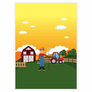 Bondegård, bondemand og traktor - Børneplakat