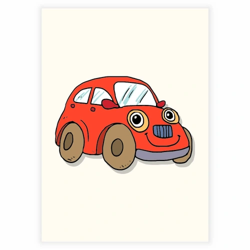sød og sjov rød bil med øjne som plakat til børneværelset