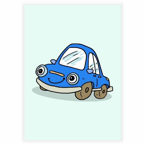 sød, sjov og glad blå bil med øjne som plakat til børneværelset