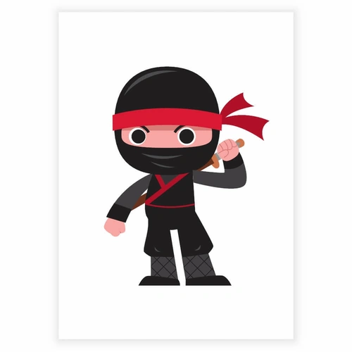 sjov ninja i sort med sværd på ryggen - Børneplakat