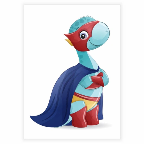 sjov superhelt som dinosaurer i farven blå - plakat til børneværelset