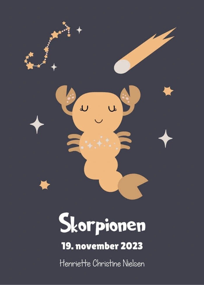 en personlig plakat med stjernetegnet skorpionen, dato og navn.