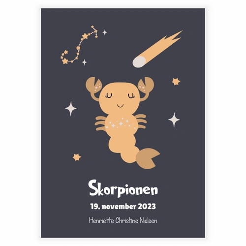 en personlig plakat med stjernetegnet skorpionen, dato og navn.