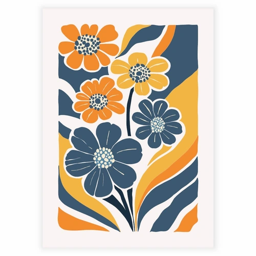 Smuk abstrakte blomster i orange og blå nuancer som plakat