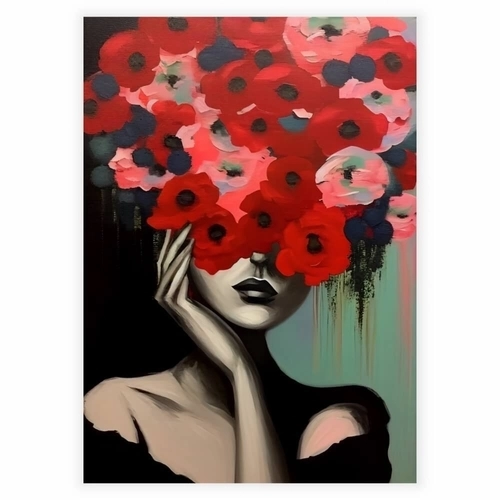 Smukke røde blomster i kvinde hår som plakat