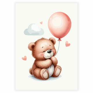 Brun bamse med lyserød ballon - Plakat