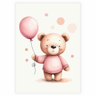 Bamse med lyserød ballon og prikker - Plakat
