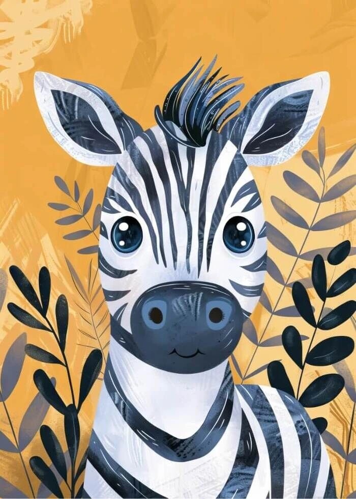 Børneplakat med en zebra illustration og flot gulbaggrund