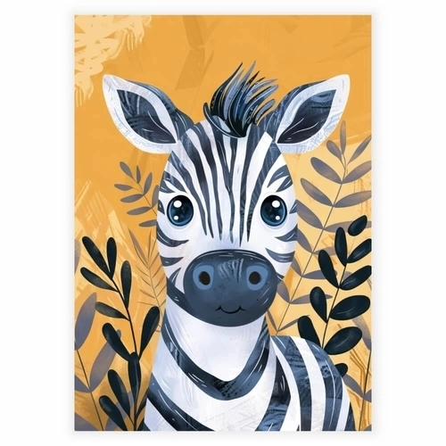 Børneplakat med en zebra illustration og flot gulbaggrund