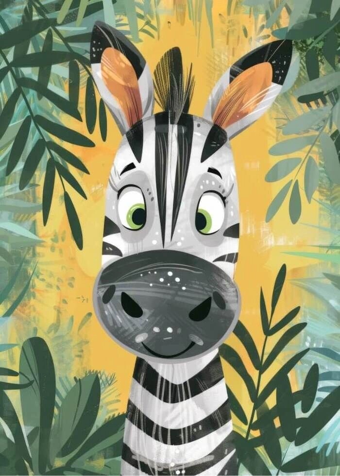 Børneplakat med en lille zebra, baggrunden er den flotte jungle