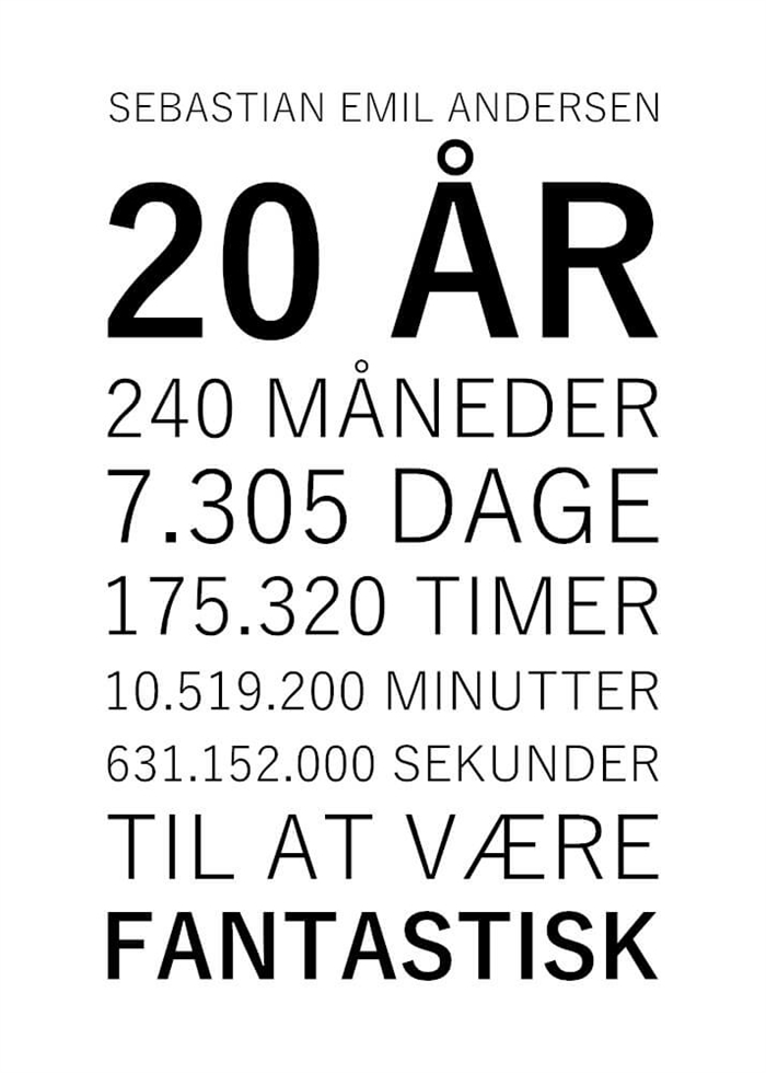 Plakat til 20 års fødselsdag med hvid baggrund og sort tekst