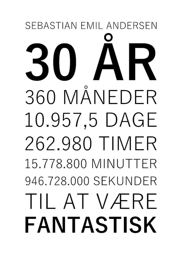 Plakat til 30 års fødselsdag med hvid baggrund og sort tekst