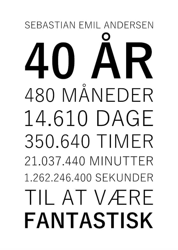 Plakat til 40 års fødselsdag med hvid baggrund og sort tekst