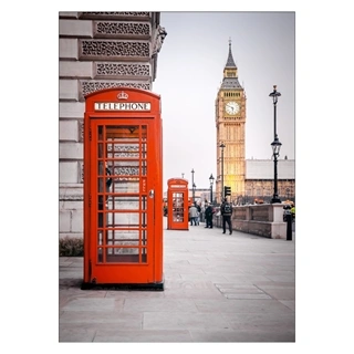 Plakat med røde telefonbokse fra londons gade