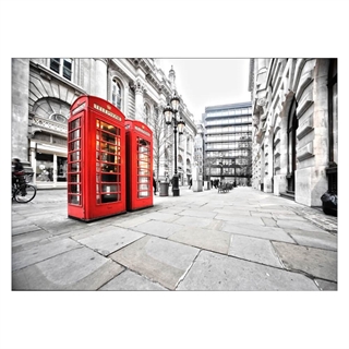Plakat med Londons populære røde telefonbokse i gråtoner