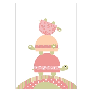 Børneplakat med 3 søde skildpadder stående ovenpå hinanden i rosa farver