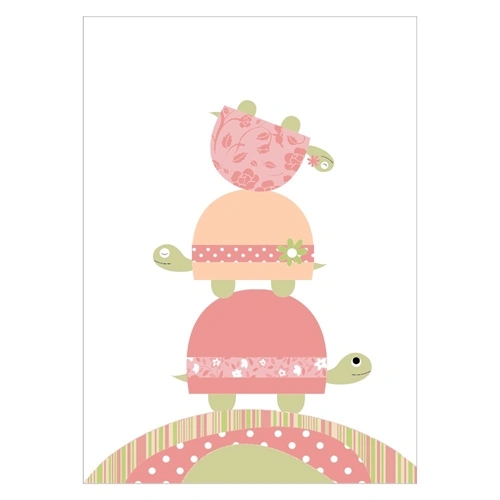 Børneplakat med 3 søde skildpadder stående ovenpå hinanden i rosa farver