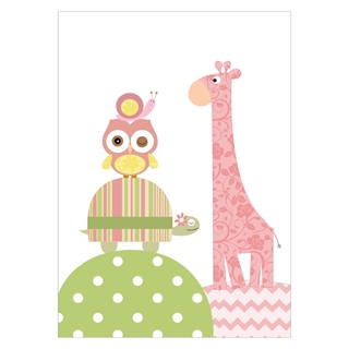 Børneplakat med giraf, ugle, skildpadde og en lille snegl