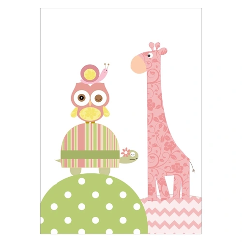 Børneplakat med giraf, ugle, skildpadde og en lille snegl
