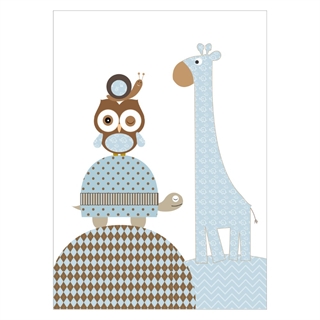 Børneplakat med giraf og ugle i blå farver