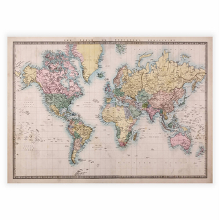 Plakat med et håndmalet verdenskort fra 1860
