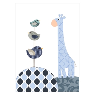 Børneplakat med giraf og fugle i blå og mørkeblå farver