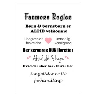 Plakat med Farmors regler og hjerte
