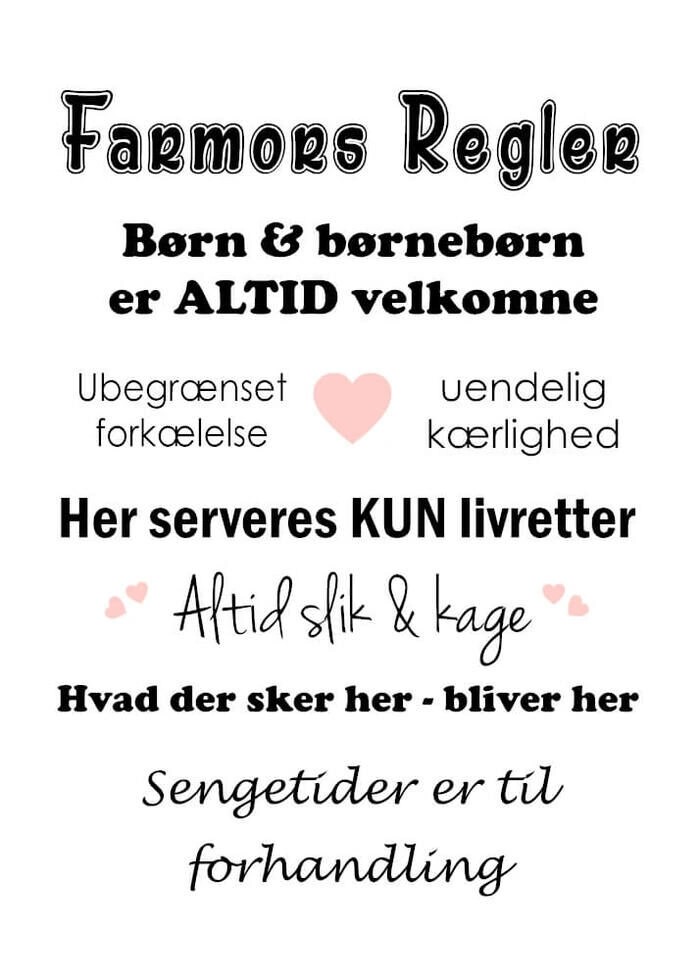 Plakat med Farmors regler og hjerte