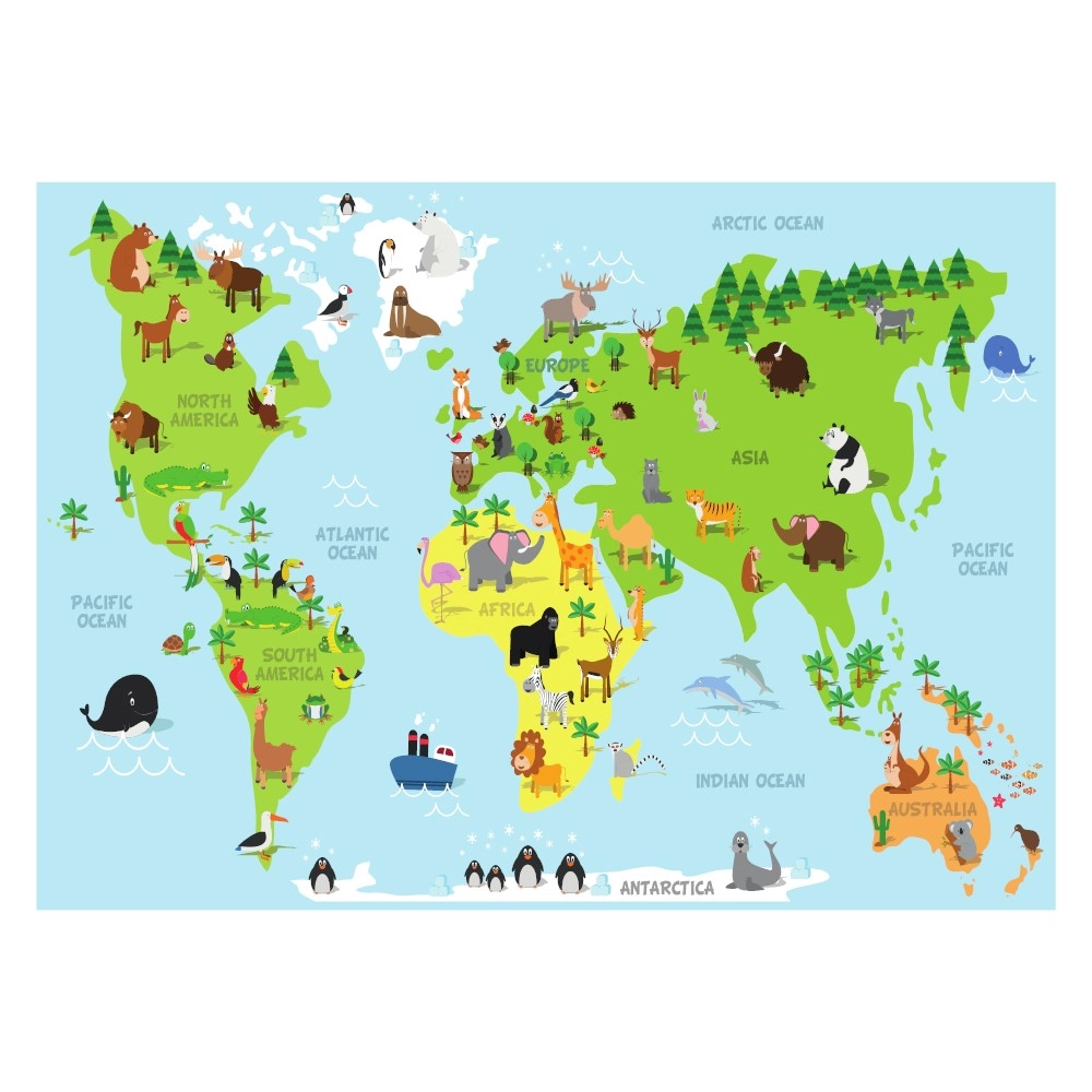Støt etiket falanks Verdenskort med dyr fra hele verden - Køb farve plakat online