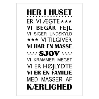 Plakat med husregler og tekst med her bor vi