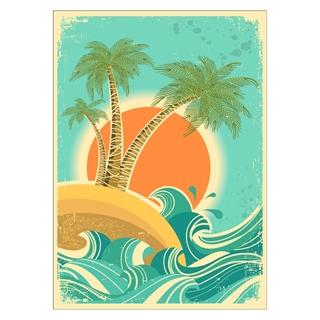 Plakat med motiv af en solnedgang og øde ø