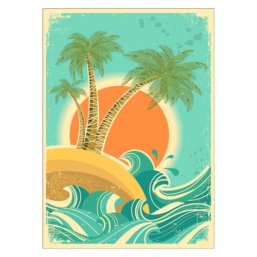 Plakat med motiv af en solnedgang og øde ø