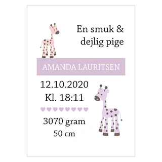 Fødselsplakat med Giraf til pige med navn, vægt, cm og klokkeslæt