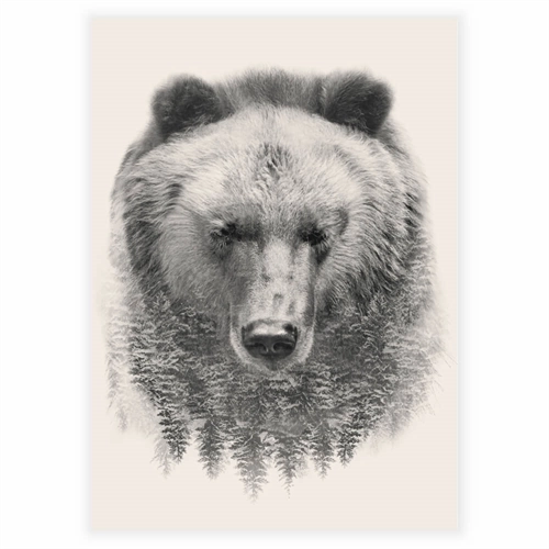 Kunstnerisk plakat med en bjørn tegnet på en skov