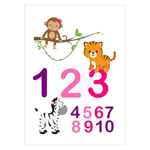 Sjov og farvering Børneplakat med tallene 1-0 og søde dyr