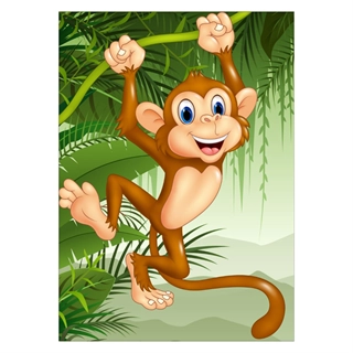 Børneplakat med abe hængende i en lian kiggende mod højre