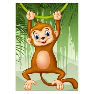 Børneplakat med abe hængende i en lian