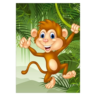 Børneplakat med glad abe hængende i en lian kiggende mod højre