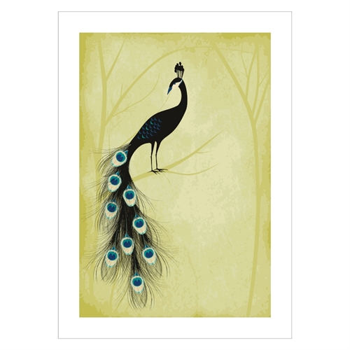 Plakat med påfugl i flotte farver og en smuk skov baggrund
