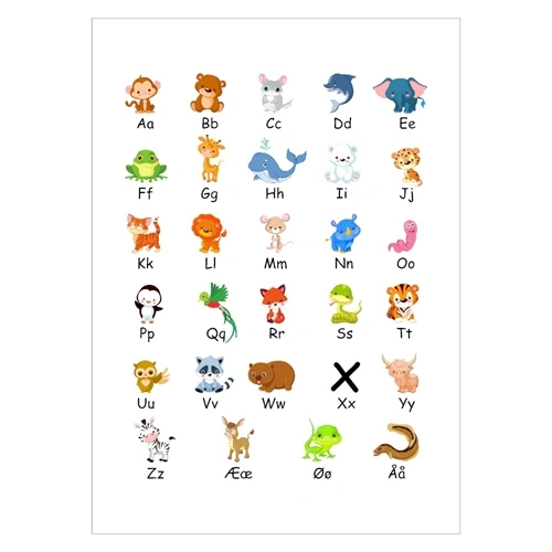 Sød og farverig ABC læringstavle til børneværelset med mange forskellige dyr 