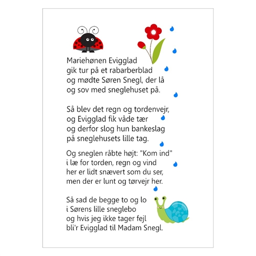 Børneplakat med den søde sangtekst Mariehønen evigglad. Børneplakaten er ideel til børneværelset. 