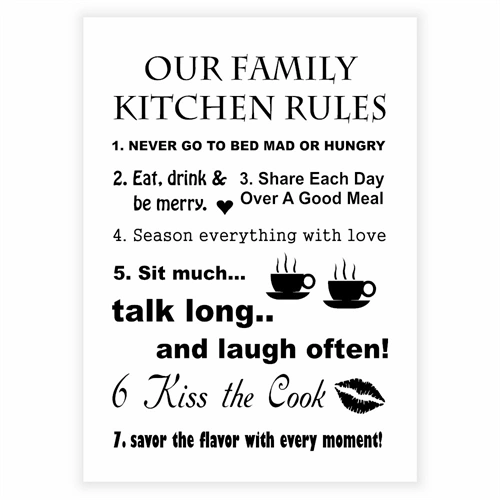 Sjov plakat med teksten Our family kitchen rules