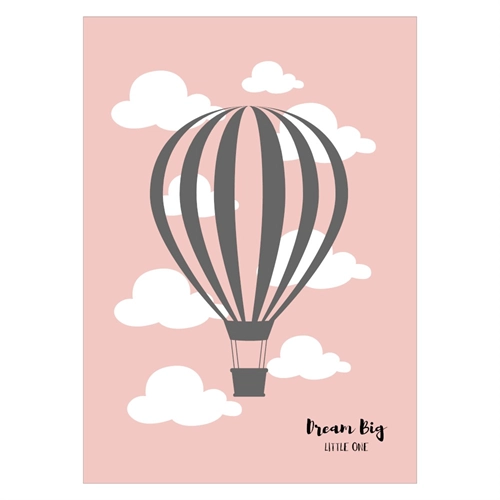 Sød børneplakat med luftballon lyserød - fin plakat til børneværelset