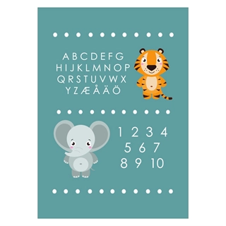 Børneplakat ABC og taltavle med elefant og tiger