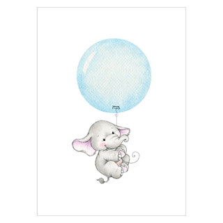 Børneplakat med en elefant hængende i en blå ballon