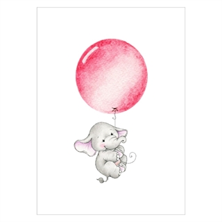 Børneplakat med sød elefant som hænger i en pink ballon