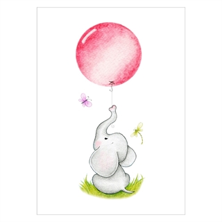 Børneplakat sidende elefant med pink ballon