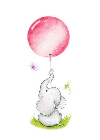 Børneplakat sidende elefant med pink ballon